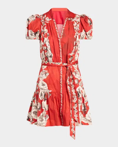 Alice And Olivia Cora Floral Tiered Mini Shirtdress In Rose Garden Hibiscus