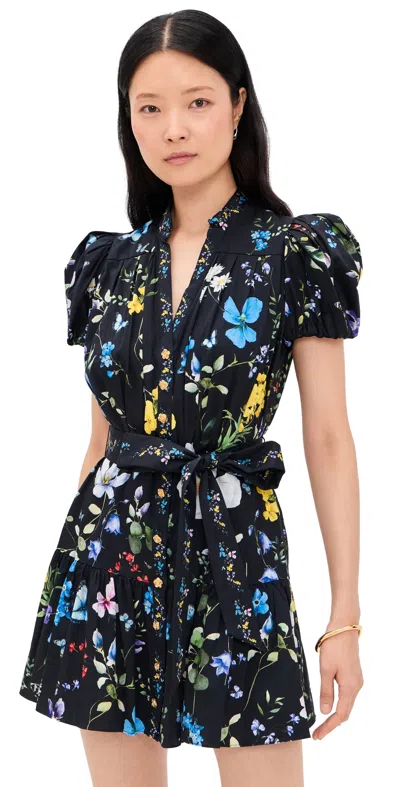 Alice And Olivia Cora Short Sleeve Tiered Mini Shirt Dress Twisting Vines Black In Multi