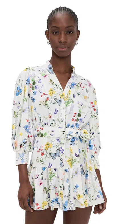 Alice And Olivia Cora Tiered Mini Shirt Dress Twisting Vines Off White In Multi