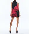 Alice And Olivia Corine Halter Tie Neck Trapeze Mini Dress In Peony Petals Bright Ruby In Multi