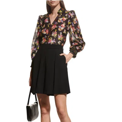 Alice And Olivia Cosima Floral Silk Blouson-sleeve Button-front Top In Black