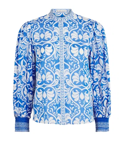 Alice And Olivia Cotton April Pleated Blouse In Blue