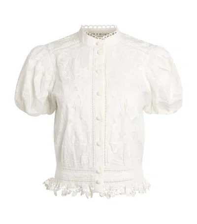 Alice And Olivia Cotton Loryn Embroidered Blose In White