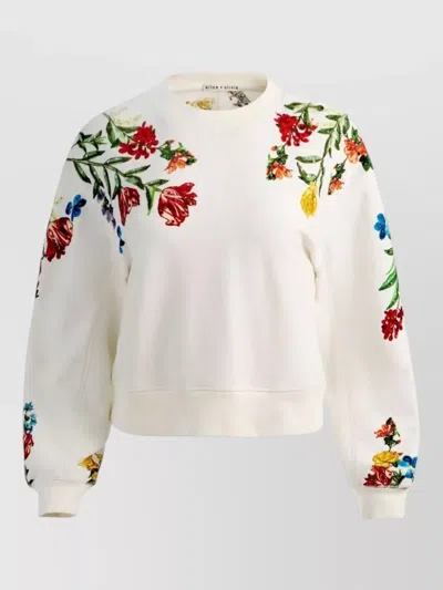 Alice And Olivia Cotton Sweatshirt Crew Neck Floral Embroidery In White
