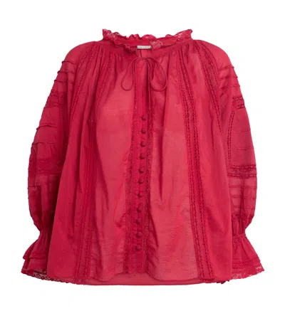 Alice And Olivia Cotton Voile Josephine Blouse In Burgundy