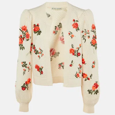 Pre-owned Alice And Olivia Cream Floral Intarsia Wool Puff Sleeve Kitty Cardigan L In White