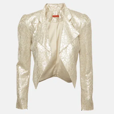 Pre-owned Alice And Olivia Cream Metallic Lace Open Front Crop Jacket M In White
