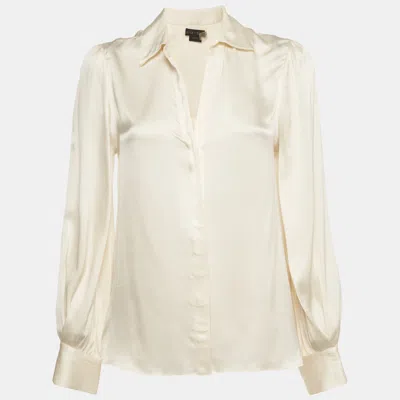 Pre-owned Alice And Olivia Cream Stretch Satin Button Down Blouse M
