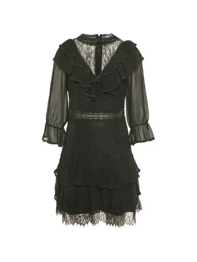 Pre-owned Alice And Olivia Crepe Laced Ruffled Mini Dress In Black