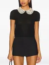 Alice And Olivia Crochet-collar Short-sleeve Top In Black