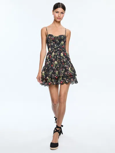 Alice And Olivia Daisy Tie Front Tiered Ruffle Mini Dress In Black