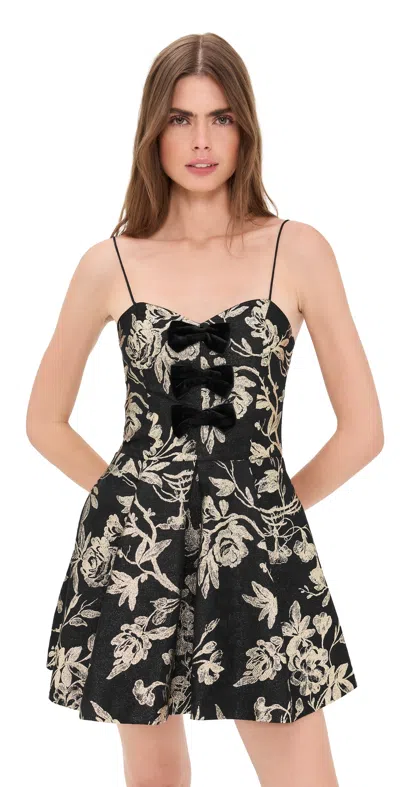 Alice And Olivia Daniela Bow Structured Pleated Mini Dress Black/gold In Multi