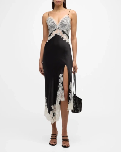 Alice And Olivia Daphne Lace Asymmetric Midi Dress In Black/off White