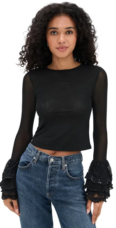 Alice And Olivia Delaina Long Sleeve Crop Top With Ruffle Cuff In Black