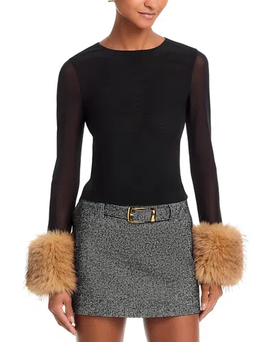 Alice And Olivia Delaina Faux Fur Cuff Top In Black
