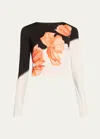 ALICE AND OLIVIA DELAINA FLORAL TWO-TONE LONG-SLEEVE TOP
