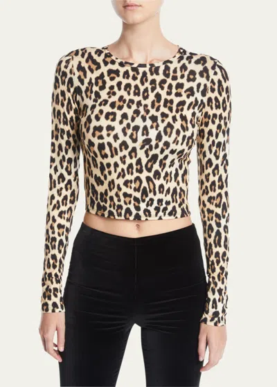 Alice And Olivia Delaina Long-sleeve Crewneck Crop Top In Leopard