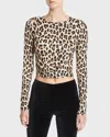 Alice And Olivia Delaina Long-sleeve Crewneck Crop Top In Leopard