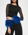 Alice And Olivia Delaina Mesh Feather Cuffed Long Sleeve Top In Black/royal