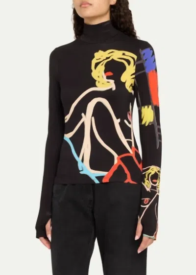 Alice And Olivia Delaina Long-sleeve Turtleneck Top In Natural Beauty In Black