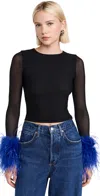 Alice And Olivia Delaina Mesh Feather Cuffed Long Sleeve Top In Black/royal