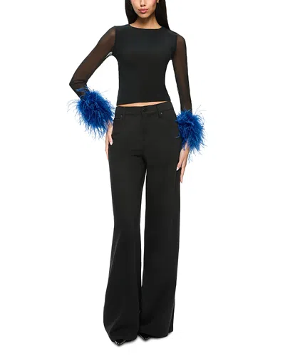 Alice And Olivia Delaina Mesh Feather Cuffed Long Sleeve Top In Black