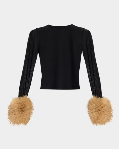 Alice And Olivia Delaina Mesh Top With Faux Fur Cuffs In Black