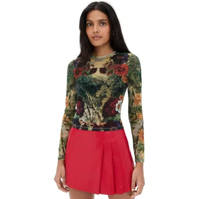 ALICE AND OLIVIA DELAINA PRINTED MESH CROP TOP, FORBIDDEN FOREST