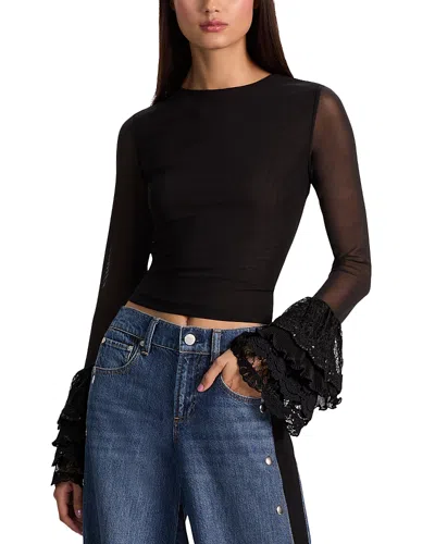 Alice And Olivia Delaina Sheer Sleeve Cropped Top In Black