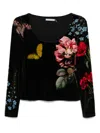Alice And Olivia Delaina Floral-print Stretch-velvet Top In Black