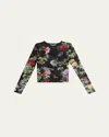 Alice And Olivia Delaina Floral-print Stretch-mesh Top In Black