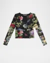 Alice And Olivia Delaina Floral-print Stretch-mesh Top In Black