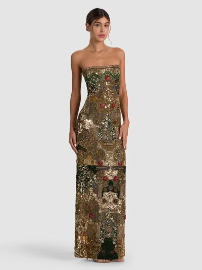 Alice And Olivia Delora Embellished Strapless Gown In Gold/multi