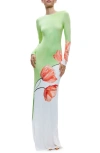 ALICE AND OLIVIA DELORA FLORAL LONG SLEEVE OPEN BACK MAXI DRESS
