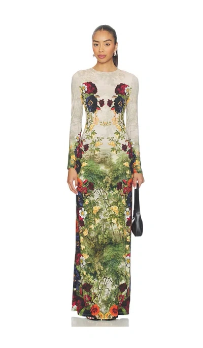 Alice And Olivia Delora Long Sleeve Crew Neck Maxi Dress In Multi