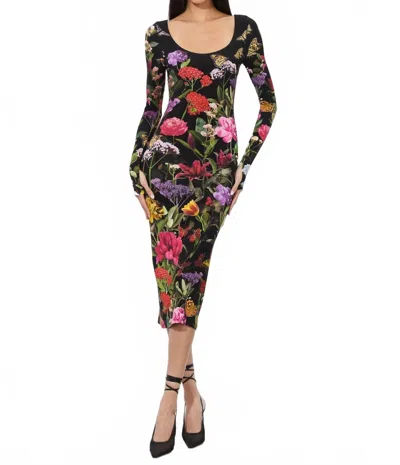 Alice And Olivia Delora Midi Dres In Secret Garden In Multi