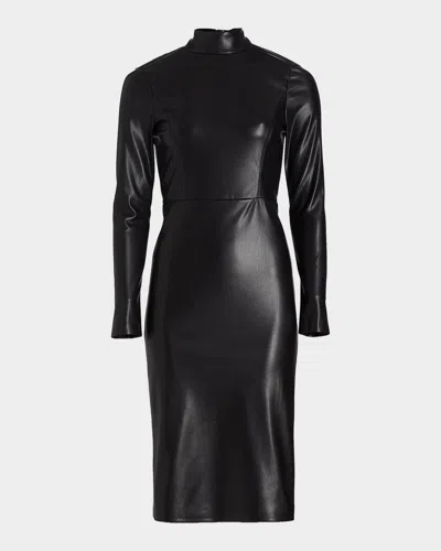 Alice And Olivia Delora Vegan Leather Mock-neck Midi Dress In Black
