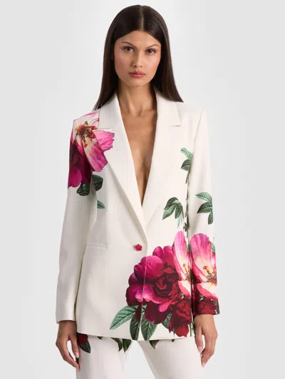 Alice And Olivia Denny Boyfriend Notch-collar Floral Blazer In White
