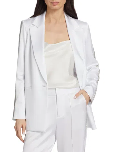 Alice And Olivia Denny Embellished Twill Single Button Blazer In White