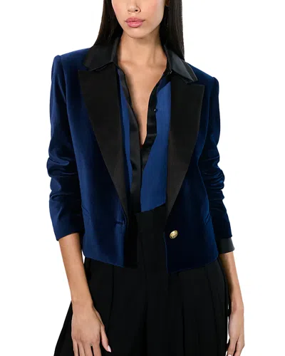 Alice And Olivia Devyn Velvet Cropped Blazer In Midnight Blue