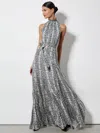 Alice And Olivia Dita Smocked Neck Godet Maxi Dress In Off White/black Python