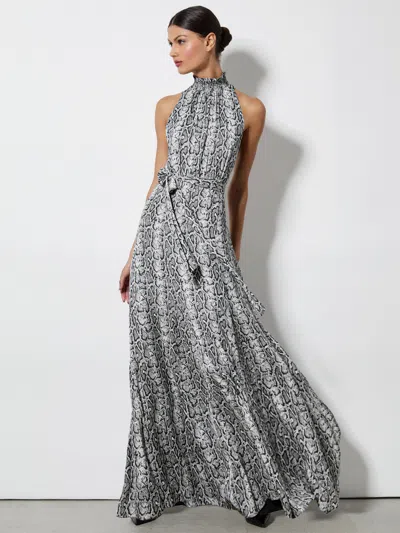 Alice And Olivia Dita Smocked Neck Godet Maxi Dress In Off White/black Python
