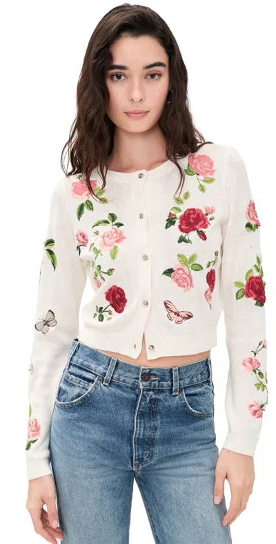 Alice And Olivia Dollie Embroidered Cardigan Garden Gossip Off White
