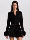 Alice And Olivia Dolly Wool Crewneck Cardigan Sweater In Black