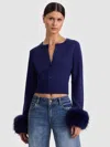Alice And Olivia Dollie Faux Fur Cuff Cardigan In Blue