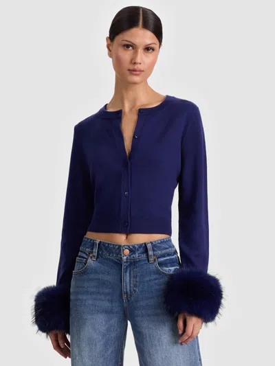 Alice And Olivia Dollie Faux Fur Cuff Cardigan In Blue