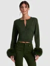 Alice And Olivia Dollie Faux Fur Cuff Cardigan In Green