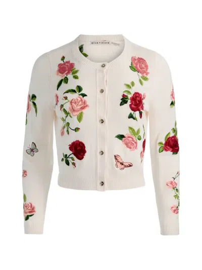 Alice And Olivia Dollie Floral-embroidered Cardigan In Neutral