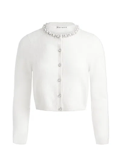 Alice And Olivia Dollie Long Sleeve Embellished Cardigan In Ecru