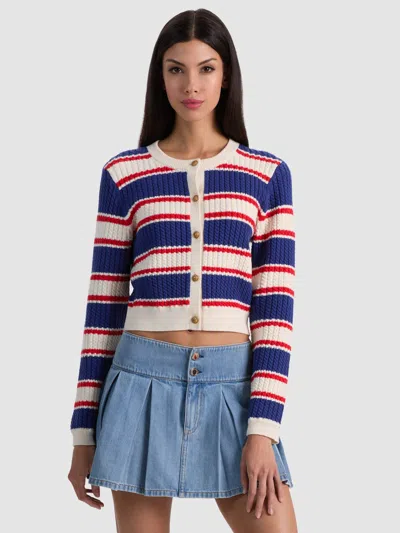 Alice And Olivia Dollie Striped Cable Cardigan In Blue